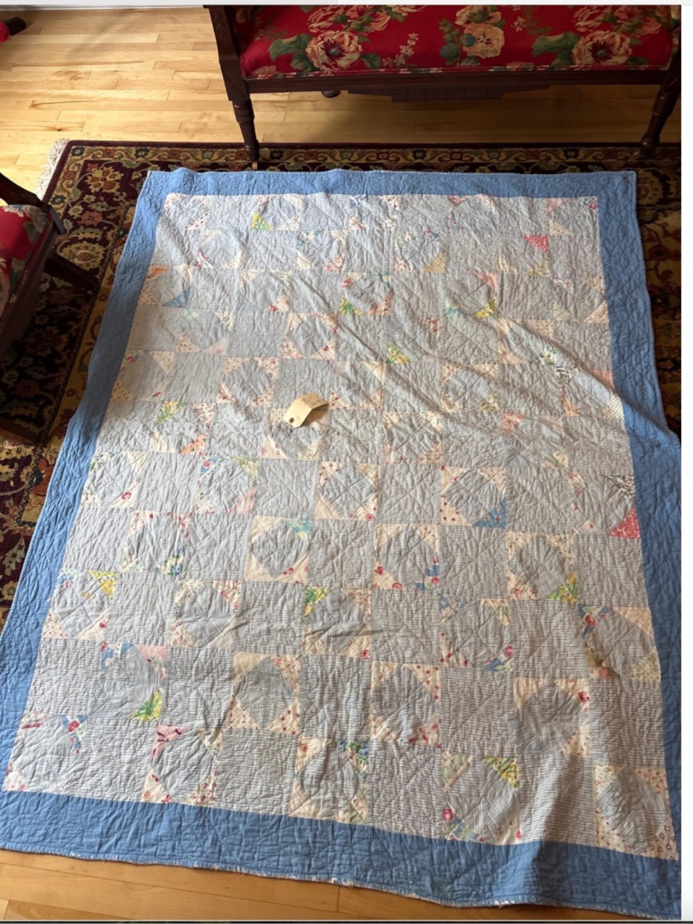 Vintage 1970's Blue Striped and Floral Patchwork Quilt